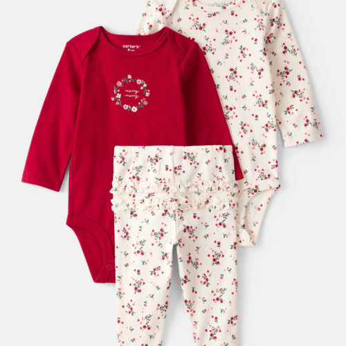 Red/White Baby Girl 3-Piece Floral Merry Cotton Bodysuits & Pant Set - White/Red | Carter’s Oshkosh Canada