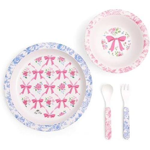 Itzy Ritzy Kids Dinnerware Set – Toddler Mealtime Dining Set for Ages 6+ Months with Melamine Plate, Bowl, Fork & Spoon - Dishwasher Safe Baby Feeding Set For Independent Eating (Ribbons & Roses)