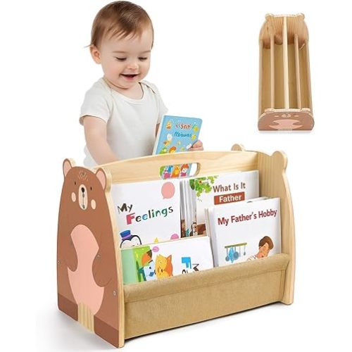 Toddler Bookshelf Double-Sided with 4 Tier Deep Sleeves Kids Wooden Montessori Book Rack for Baby Nursery Room, Playroom, Classroom or Bedroom Bookcase Storage Organizer, Brown Bear