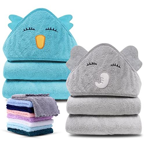 Cute Castle 2 Pack Hooded Baby Towel Rayon Made from Bamboo and 8 Washcloths - Soft Bath Towel for Bathtub for Newborn, Infant - Ultra Absorbent, Natural Baby Stuff (Lovely Elephant, Happy Bird)