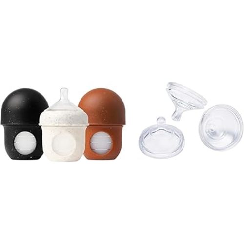 Boon Nursh Reusable Silicone Baby Bottles with Pouch - Stage 1 Slow Flow - 4 Oz - 3 Count + Extra Slow Silicone Nipples 3 Pack