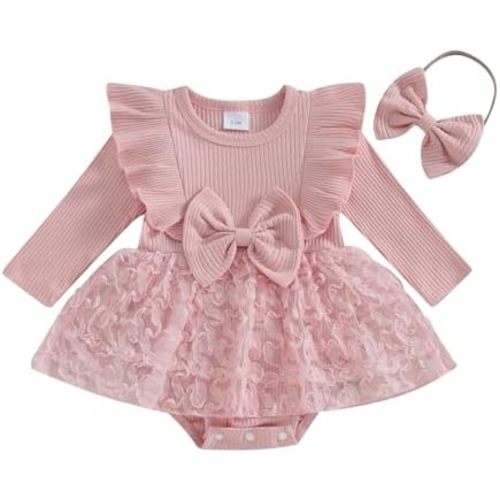 Newborn Baby Girl Fall Winter Outfit Set Plaid Romper Dress Ruffles Long Sleeve Clothes Jumpsuit with Bow Headband
