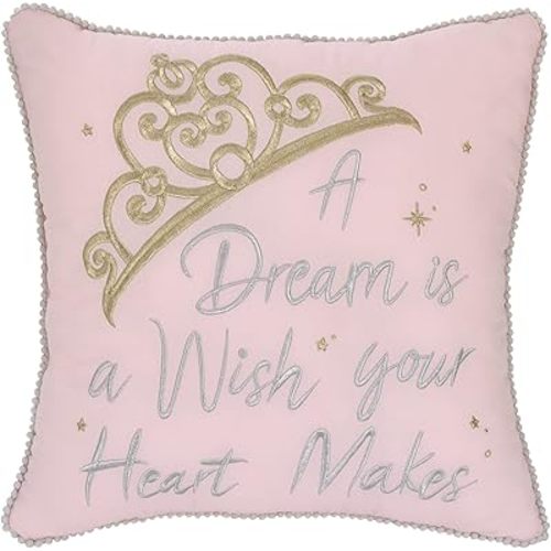 Disney Princess Enchanting Dreams Pink and Gold Embroidered Crown Decorative Throw Pillow with White Pom Pom Trim