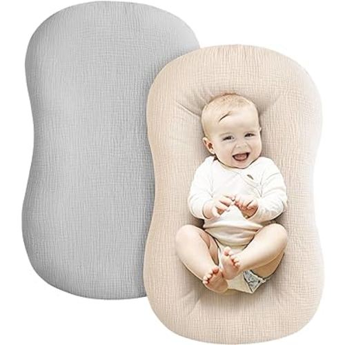 Konssy Muslin Baby Lounger Cover 2 Pack, 100% Cotton Newborn Lounger Cover, Soft and Breathable Lounger Slipcover for Boys Girls, Covers Only (Grey,Wheat)