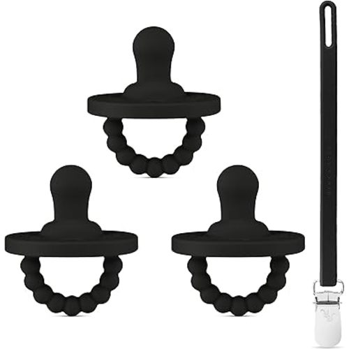Ryan & Rose Cutie PAT Pacifier Teether 3 Pack and Flex Clip (Flat, Black)