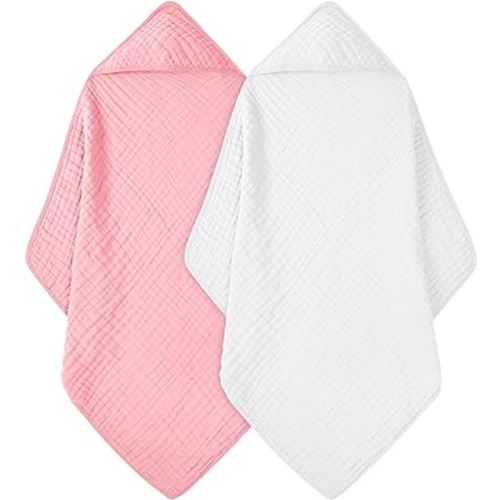 Baby Bath Towels, 100% Muslin Cotton Hooded Baby Towels for Newborn, Baby Towels with Hood for Infant Toddler and Kids, Large 32x33Inch, Soft and Absorbent