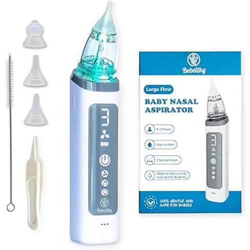 Nasal Aspirator for Baby, Electric Nose Sucker for Baby with Large Suction Flow, Lights and Music, Rechargeable, Aspirador Nasal para Bebes, with 3 Silicone Tips, Booger Tweezer, and Cleaning Brush