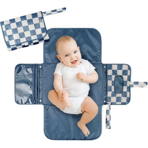 Tiny Twinkle Portable Diaper Changing Pad – Foldable, Waterproof & Compact Travel Changing Mat with Storage | Smart Wipes Pocket for On-The-Go Parents | Gift for Newborn Baby Girl & Boy(Blue Checkers)