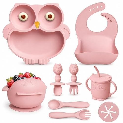 Silicone Baby Feeding Set with Spoon, Bowls, Plates with Suction, Bib, and Toddler Sippy Cups with Replaceable Snack Lids, Pink