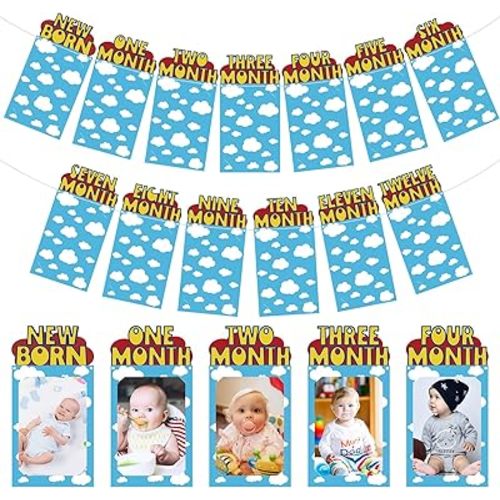 Oudain Cartoon Story 1st Birthday Photo Banner for Baby from Newborn to 12 Months Inspiration Story's 1st Birthday Party Decorations for Girl Boy Monthly Milestones Garland