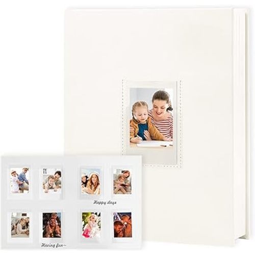 Veicevol Photo Album with Writing Space for Fujifilm Instax Mini 12 11 9 40 90 8 7 Evo Liplay Instant Camera, 128 Pockets Photo Album for Polaroid, Leather Cover Handmade Paper 2x3 Photo Album (White)