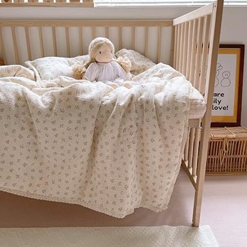 BuLuTu Kids Toddler Comforter Quilted 100% Cotton Toddler Blanket Vintage Floral Print Muslin Quilt for Child Teens Girls Boys, Soft Breathable, Sprout Pattern, 47x59 Inches
