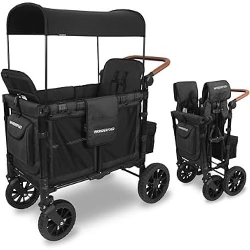 WONDERFOLD W2 Luxe Stroller Wagon (2 Seater) - Collapsible Wagon Stroller with Seats with Magnetic Buckle 5-Point Harnesses and Adjustable Sun Canopy, Volcanic Black