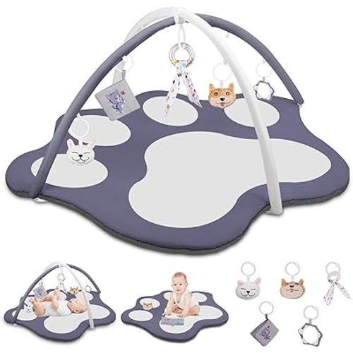 Baby Gym Activity Play Mat,Oversize Cute Cat Claw Shaped Baby Play Mat Tummy Time Mat with 5 Detachable Toys Promote Motor Skills & Sensory Development Mat Washable Play Mat for Infant Toddler Grey