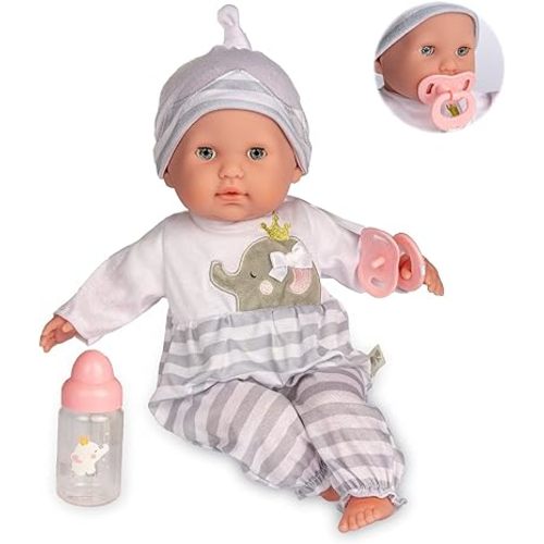 15" Realistic Soft Body Baby Doll with Open/Close Eyes | JC Toys - Berenguer Boutique | Bottle & Pacifier | Grey | Ages 2+