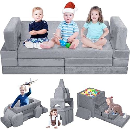 18PCS Modular Kids Play Couch for Toddler, Kids Couch Building Fort, Foldable Kid Explorer Sofa for Playroom Bedroom, Toddllers Convertible Foam Floor Cushion to ChairsBed for Boys and Girls