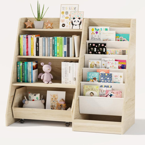 Kids Bookshelf and Toy Storage, 4 Tier Toddler Bookshelf with Movable Drawer 5 Sling Pockets, Montessori Book Shelf for Kids Room, Playroom, Nursery | Wayfair