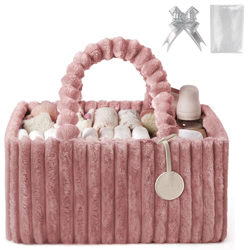 Blissful Diary Flannel Diaper Caddy Organizer, included Gift Packaging, Cozy Nursery Storage Basket, Gift for Baby Shower, Newborn Essentials, Plush Pink