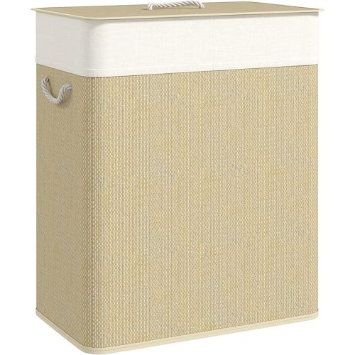 HOMCOM Double Laundry Basket with Lid, 26.4 Gallon Bamboo Laundry Hamper with Rope Handles, Clothes Hamper with Removable Liner for Bathroom, Bedroom, Brown