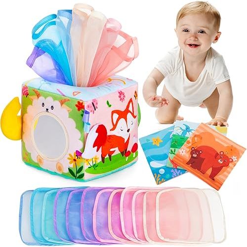 Baby Tissue Box Toy Montessori Toys for Infant 6,9,12,18 Months Sensory Tissue Box Toy with Mirror,Textured Tails,Squeaky Sounds for Boys&Girls Toddler Early Learning
