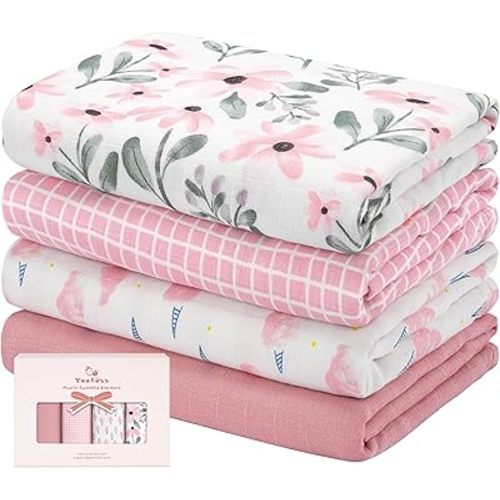 Yoofoss Muslin Swaddle Blankets, 4-Pack Receiving Blankets for Baby Boys and Girls, 47 x 47 Inches Baby Blankets Neutral Swaddle Wrap 70% Rayon from Bamboo and 30% Cotton