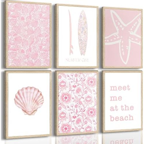 6 Pcs Pink Coastal Granddaughter Poster Wall Art,Preppy Beach Wall Decor,Surfer Girl Print Artwork,Seashell Starfish Canvas Painting Picture for Girls Room Dorm Home Decoration,8x10 Inch,Unframed
