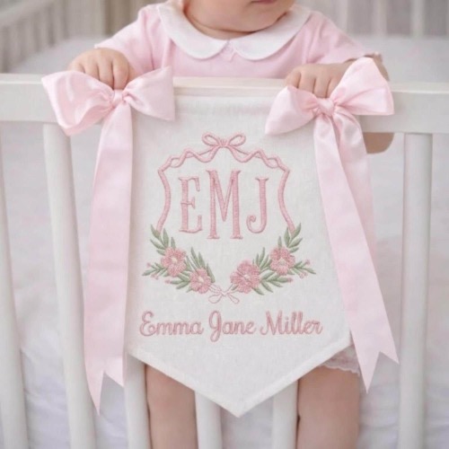 Embroidered Floral Baby Girl Banner Door Hanger, Custom Name Sign Baby Announcement, Coquette Bow Baby Banner, Monogram Hospital Door Sign