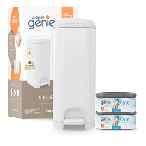 Diaper Genie Select Pail Registry Gift Set (White) | Made of Durable Stainless Steel Metal | Includes 2 Jumbo Refills | Holds 1620 Newborn Diapers