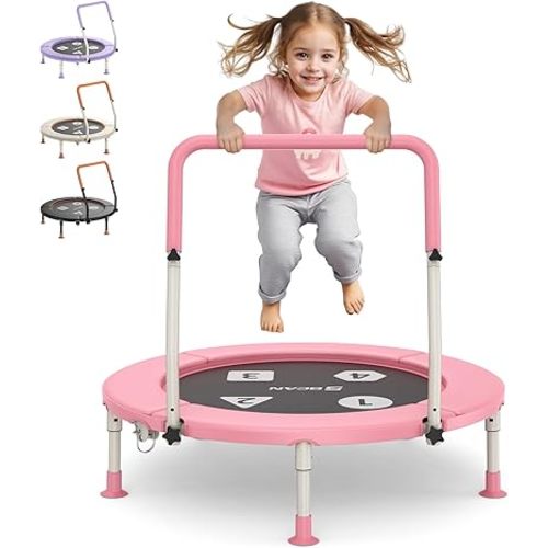 BCAN BT1 36'' Toddler Trampoline, ASTM Certified-Foldable Mini Trampolines for Kids Ages 1-6, Adjustable Handle, Safety Pad & Foldable Legs, Baby Trampoline Indoor/Garden, Gift for Boy and Girl