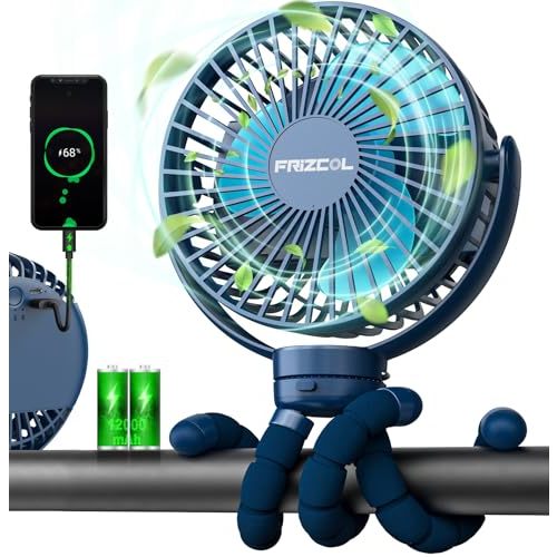 FRIZCOL 12000mAh Portable Stroller Fan, Use As Power Bank, 65H Battery Operated Fan Flexible Tripod Clip On Fan, Detachable Personal Handheld Baby Fan for Stroller, Car seat, Desk, Treadmill (Blue)