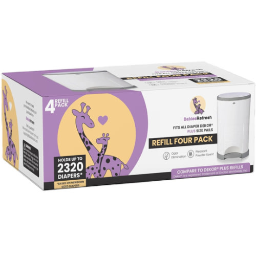 Refills Compatible with DEKOR PLUS Diaper Pail Refills | 4 Pack | Diaper Pail Odor Eliminator| Fresh Powder Scent | Each Diaper Bag Refill Holds up to 2320 Diapers | Diaper bin refill