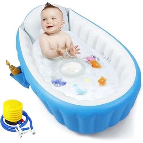 PandaEar Baby Inflatable Bathtub, Portable Travel Baby Infant Bath Tub Toddler Bathtub with Air Pump, Foldable Non-Slip Shower Basin Mini Air Swimming Pool for Newborn (Blue)
