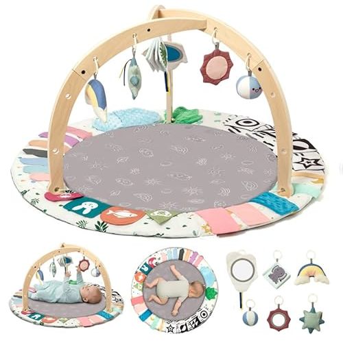 Baby Play Gym Mat with Tummy Time Activity for Newborn Girls and Boys, Non-Slip Floor Mat Includes 6 Detachable Toys for Sensory Development, Machine Washable, Essential Gift (Grey)