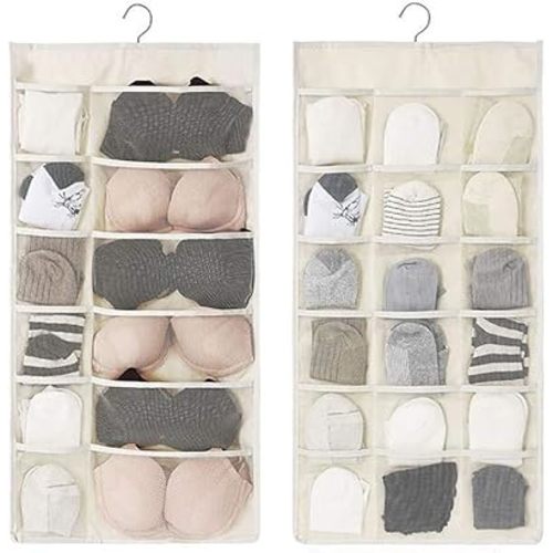 Closet Hanging Organizer with Mesh Pockets & Rotating Metal Hanger,Dual Sided Wall Shelf Wardrobe Storage Bags,Oxford Cloth Space Saver Bag for Bra Underwear Underpants Socks (white)