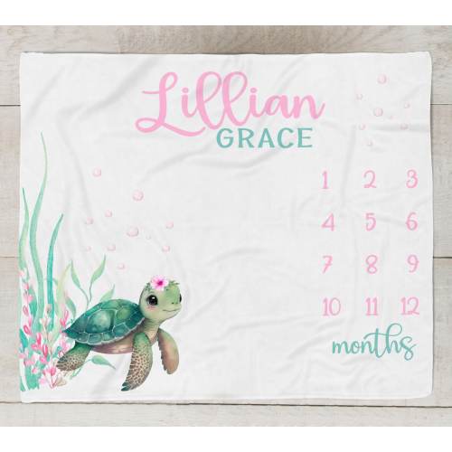 Baby Girl Sea Turtle Milestone Blanket, Baby Girl Ocean Month Blanket, Personalized Baby Girl Blanket Under the Sea Baby Shower Gift M562