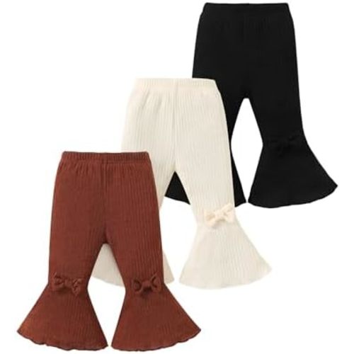 Mioglrie Baby Girl Pants Toddler Leggings 3 Pack Flare Newborn Baby Pants 3 6 9 12 18 24 Months Bell Bottoms for Girls