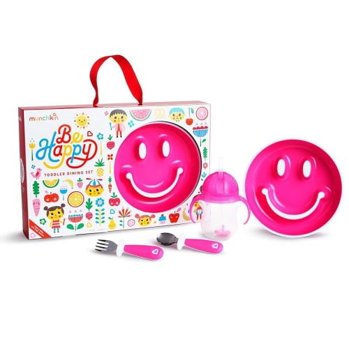 Munchkin® Be Happy Toddler Dining Set, Includes Suction Plate, Straw Cup and Utensil Set, Pink