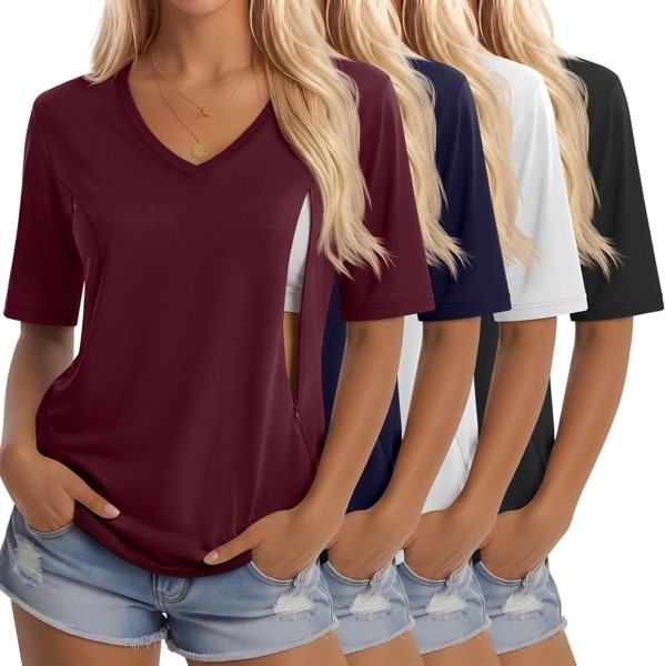 4 Pack Women's Nursing Shirt for Breastfeeding with Hidden Zipper Half Sleeves Tops V Neck Postpartum Maternity Tee