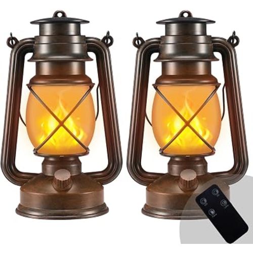 Outdoor Lanterns Waterproof Hanging Vintage LED Camping Lamps with Dancing Flame Non-Solar Remote Control Light Landscape Decor for Table Patio Garden Yard Pathway Porch 2Pack (3AA Batteries Power)