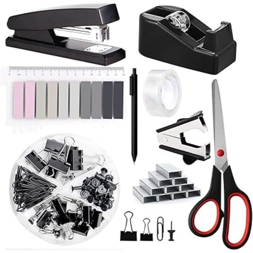 Office Supplies Set,Desk Accessories,Stapler and Tape Dispenser Set,1000 Staples,Staple Remover,Hinder Clips,Scissor,Index Tabs,Clear Tape,Ballpoint Pen,Coworkers(Black)
