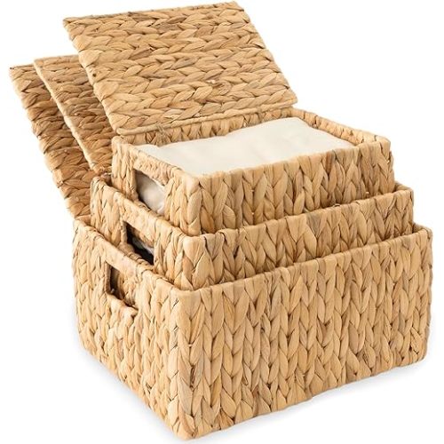 Wicker Storage Baskets with Lid, Set 3 Basket With Lid Decorative Storage Rectangle Wicker Storage Basket Large Rattan Storage Box Hyacinth Baskets