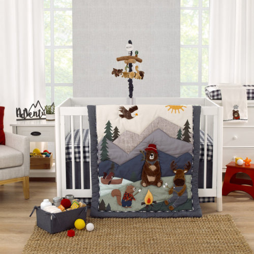 Redwood Rover NoJo Into the Wilderness Timmons Camping Bear, Moose, Eagle, and Beaver Campfire 4 Piece Nursery Crib Bedding Set | Wayfair