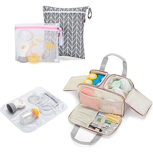Damero Wearable Breast Pump Bag and Breast Pump Parts Bag with Mat Bundle