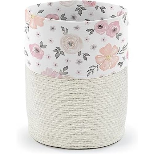 Sweet Jojo Designs Blush Pink Grey Boho Floral Girl Woven Laundry Basket Hamper Cotton Rope Storage Bin Dirty Clothes Toys Closet Organizer Removeable Liner Bohemian Farmhouse Shabby Chic Watercolor
