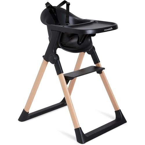 Munchkin Float Baby High Chair, Foldable and Easy to Clean, for Babies and Toddlers, Black with Wooden Legs