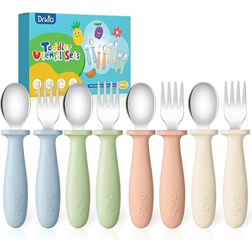DRKIO 8 Pieces Toddler Utensils Set - Kids Silverware Set with Silicone Handle Children Safe 18/8 Stainless Steel Forks and Spoons Anti-Choke Design Food Grade Dishwasher Safe