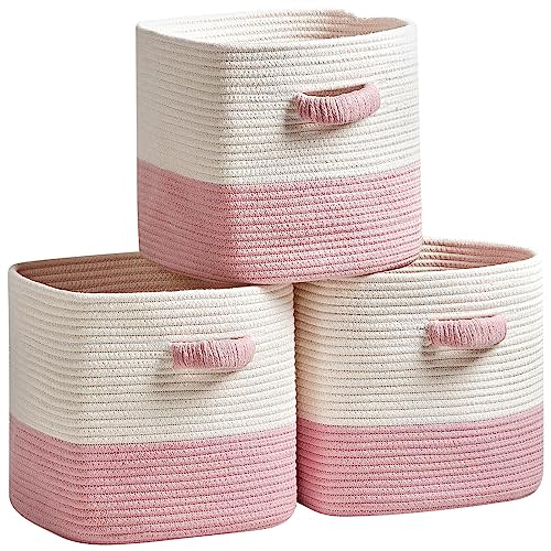 R RUNKA Storage Cube Baskets for Organizing 11 inch-3 Pack- Square Baskets for Cube Storage, Closet Storage Bins - Woven Cube Storage Bins for Shelves- Cube Drawer- Ideal for Toy Storage White & Pink