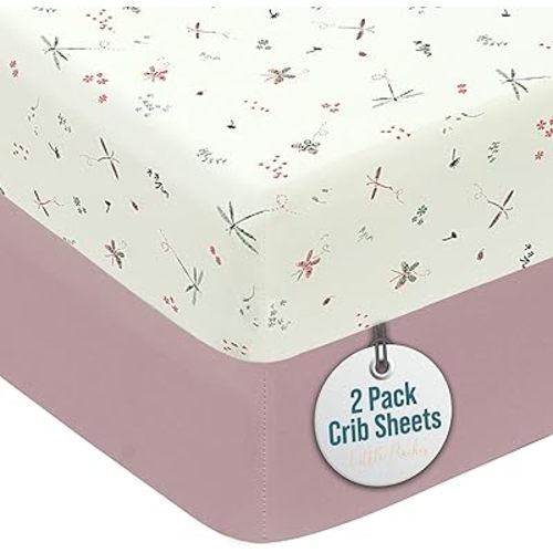Baby Girl Crib Sheets – 2 Pack Fitted Bedding Essentials, Super Soft Stretch Knit for Crib & Portable Mattress – Butterfly & Lilac