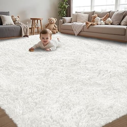 8x10 Area Rug for Living Room:Ultra Soft Fluffy Shag White Rugs,Large Fuzzy Plush Indoor Non Slip Carpet Washable Rug for Bedroom Kids Nursery Office Dorm Modern Decor(White 8'x10')