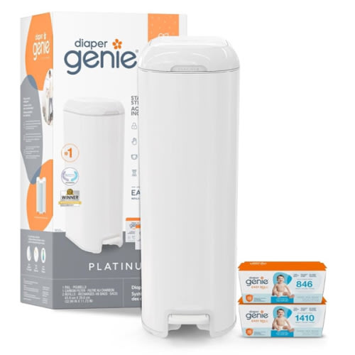 Diaper Genie Platinum Pail Gift Set, Lily White, Made of Durable Stainless Steel and Includes 2 Easy Roll Refills with 18 Bags and 30 Bags